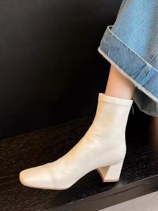 French Style Square Head Short Boots Womens Chunky Heel mid Heel Commute Boots Elastic Slimming Boot Korean Style Winter