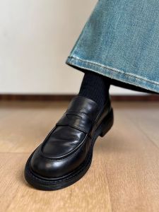 Find First Silent Thick Bottom Washed Brown Leather Womens Loafers British Style Fashion Single Shoes round Toe mid Heel