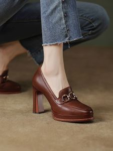 Retro Brown High Heels Womens Spring 2025 Fashion Versatile Deep Mouth Waterproof Platform Genuine Leather Thick Heel Single Shoes