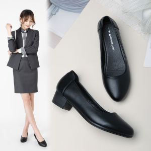 Womens Work Shoes Black Soft Bottom Comfortable Interview Office Shoes Stand for Long Time Not Tired Foot Thick Heel Professional Flat Air Stewardess Leather Shoes