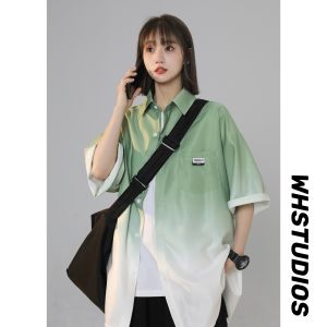 Minette Gradient Color Long Sleeve Loose Womens Shirt Student Fashion Brand Simple Style Polyester Fiber Shoulder-Length Cuff