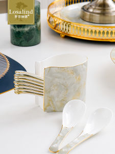 Gold-Decorated Bone China Spoon Holder Kitchen Utensil Storage Box Display Piece Decorative Ceramic Soup Spoon Stand Rack