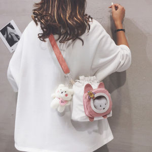 Cute Canvas Bucket Bag Womens Crossbody Shoulder Bag Summer New Style Japanese Style Versatile Single Shoulder Slant Bag