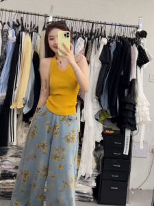 YUEZHONGWEI | Yellow V-neck Knitted Tube Top Womens Slim Fit Short Sleeveless Tank Top Summer Outerwear Dopaamine Style Fashionable Top