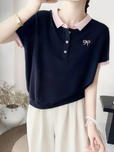 Genuine Product Clearance Counter Export Summer Color Matching Short Sleeve Ice Silk Sweater Womens Bows Embroider Polo Collar Top