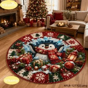 Thảm Tròn 3D VIKAMA Hình Chim Cánh Cụt Giáng Sinh Trên Tảng Băng Với Khăn Quàng Đỏ Thảm Trải Sàn Polyester Cao Cấp Cỡ Lớn Dành Cho Phòng Khách Trang Trí Nhà Cửa Ngày Lễ