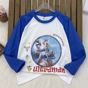 Long Sleeve Ultraman Shiny Sequins T-Shirt for Boys Spring Autumn New Style Cartoon Flip Color Trendy Shoulder Insert Shirt