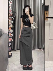 Casual Mid-Length Half Skirt for Women plus Size Hiding Hip Slimming Split Skirt Commute Style High Waist Long Skirt Pure Color