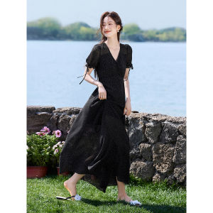 Mehemay South France Holiday Polka Dot Waist Cinching Long Dress Summer New Style High Waist Bubble Sleeve A-Line Skirt V-Neck Dress