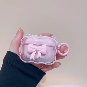 3D Pink Bow Earphone Case For AirPods 4 3 2 1 Pro 2 TPU Cover Floral Girls Coque For AirPods Pro2 Pro 2 2nd 4th Cases With Hook