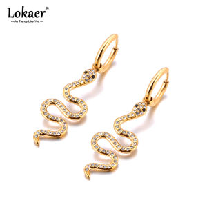 Lokaer Stylish 316L Stainless Steel Rhinestone Snake Hoop Earrings Statement Gold Color Texture Waterproof Jewelry Women E24106