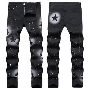 In Stock European and American Personalized Hand-Painted  Spray Five-Pointed Star Color Paint Stretch Black Small Straight-Leg Jeans Men