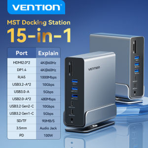 Vention 15 in 1 USB C HUB MST Vertical Docking Station Type C to Multi HDMI with Power Works for Laptop Macbook Usb Port RJ45 OTG Thunderbolt 4 Dock Displaylink Type c Hub
