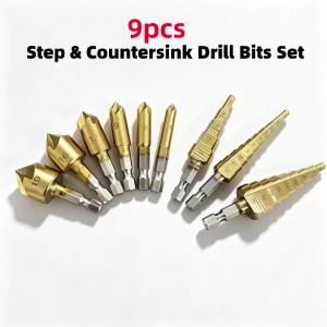 ZUOMU | 9Pcs Step Drill Bits & Countersink Drill Bits Set Titanium Coated Hole Opening Chamfer Deburring Drill Bits Kit For Wood Metal D