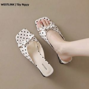 Dép Sandal Mũi Vuông Gót Cao Thiết Kế Chấm Bi Cho Mùa Hè