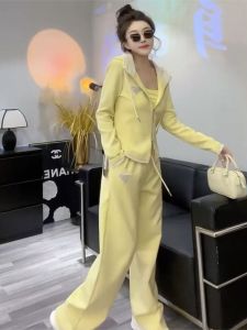 Spring 2025 Casual Sportswear Set Heavy Triangle Logo Hoodie Straight Leg Pants Two Piece Set European Style New Arrival