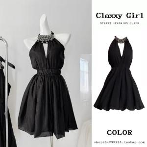 Váy Chữ a Không Tay Màu Đen V Cổ Khoét Sâu Đính Kim Cương Phong Cách Pháp Mùa Hè Cho Nữ Váy Ngắn Bó Sát Cạp Cao