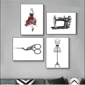 BILIBILI | Thời Trang Vintage Máy May Tranh Canvas Nghệ Thuật Treo Tường Phong Cách Hiện Đại Trang Trí Hình Nộm Poster Mẫu Unframed Mực Chống Thấm Nước