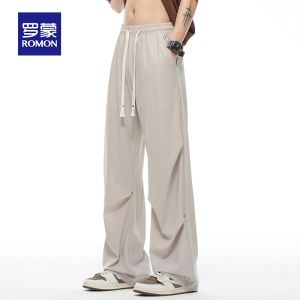 ROMON | Lomon Mens Summer Thin Ice Silk Casual Pants Loose Fit Straight Leg Breathable Quick Dry Versatile Sporty Trousers