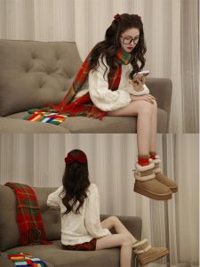 Soft Cozy Christmas Winter Outfit Womens Korean Style Plaid Mini Skirt And Sweater Set Long Sleeve Fashion Ensemble