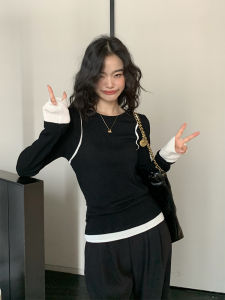 Slim Fit Long Sleeve Knitted Sweater round Neck Splice Style Womens Inner Wear Commute Korean Style Autumn Spring Base Shirt