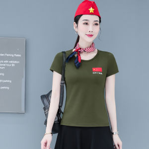 Summer New Sailor Dance Womens Outfit Short Sleeve Mini Skirt Camouflage Performance Square Dance Costume Cotton Blend Elastic Fiber