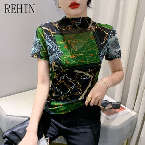 REHIN New stylish half-high collar unique green pattern mesh printed short sleeve T-shirt slim-fit base shirt womens top