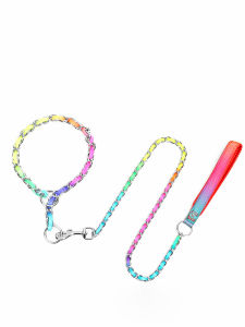 Mojioo สายจูงสุนัขสแตนเลสป้องกันสนิมทนทานสายจูงสุนัขปลอกคอสุนัขสัตว์เลี้ยงสุนัขสแตนเลสพร้อมการตกแต่งผ้าที่มีสีสันโซ่ล่ามหมาโซ่ล่ามหมา