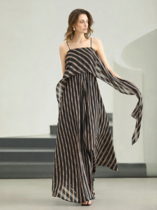 COCOBELLA | Striped Sash Chiffon Halter Dress with Big Flared Hem for Hiding Fat Long Dress