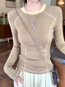 Áo Thun Cổ Tròn Dài Tay Ôm Vừa Vặn Cổ Điển Dành Cho Nữ Mùa Xuân Thu Phong Cách Hàn Quốc Vai Áo Bên Trong