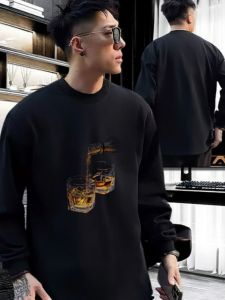 Trendy Brand Mens Long Sleeve T-Shirt Pure Cotton round Neck Print Inner Wear Base Shirt Loose Fit Versatile Casual Top