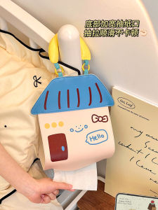 Cute House Shape Tissue Box Bedside Car Mounted Hanging Paper Towel Holder Childrens Room Cartoon Tissue Bag Storage Organizer
