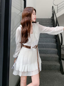White French Romantic Vacation Style Dress Womens Autumn New Slimming Little White Dress Wooden Edge A-Line Long Sleeve V-Neck