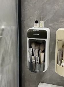 Smooth Shelf Rotating Make Up Brush Holder Wall Mounted Skincare Dustproof Cosmetic Storage Box TH