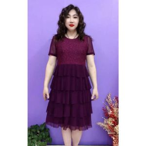 Fashionable Summer 2025 round Neck Short Sleeve Glue Diamond Splicing Cake Skirt Waist Inward Slimming Mid-Length Dress