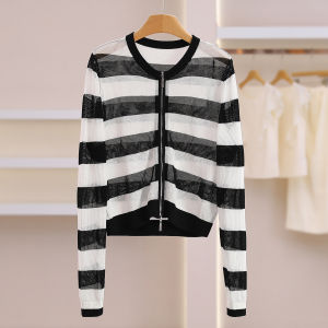 Zippered Lace Hollow Out Striped Knit Cardigan