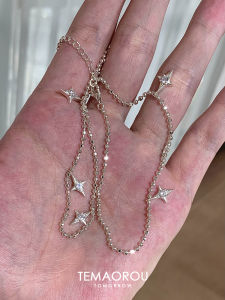 Matte Silver Frosted Four-star Pendant Necklace Womens Unique Spring Summer New Lockbone Chain Versatile Accessory Fresh out