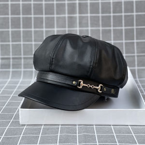 หมวกเบเร่ต์ทรงแปดเหลี่ยม PU หนังสังเคราะห์สไตล์ฝรั่งเศสฤดูใบไม้ร่วงและฤดูหนาวสำหรับผู้หญิง สไตล์อังกฤษย้อนยุค หมวกทรงปากเป็ดอเนกประสงค์