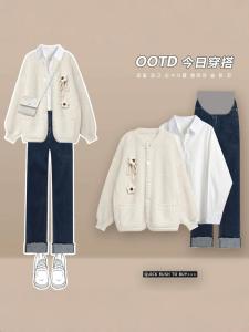 Casual Maternity Set Autumn Winter New Style Slimming Belly Covering Popular Short Stature Leisure Age Reducing Three-Piece Set