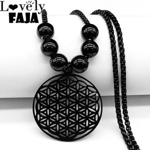 2026 Flower of Life Stainless Steel Mandala Metatron Necklaces Sacred Geometry Long Black Bead Necklace Jewerly flor de la vida