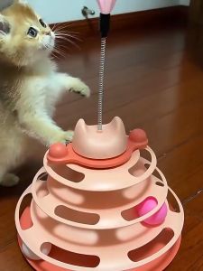 Cat Ball Tower Track Rotatable 4 Layer Cat Toy Spinning Ball Teaser Feather