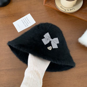 Bows Rabbit Fur Bucket Hat Womens Fall and Winter Sweet Cute White Hat Plush Bucket Hat Thickened Heattech Bucket Hat