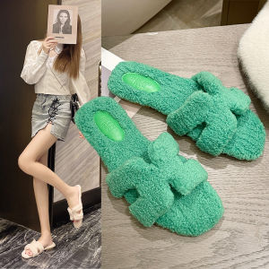 Luxurious Plush Slippers Womens Soft Bottom Flat Comfortable Fashionable Outdoor Cotton Slippers Trendy Solid Color Rubber Sole