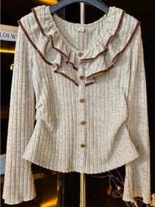 เสื้อเชิ้ตคอวีแขนยาวผู้หญิงสไตล์เกาหลีฤดูใบไม้ร่วง ดีไซน์เก๋ไก๋ ดีเทลขอบลูกไม้ เสื้อเชิ้ตแฟชั่น เสื้อเชิ้ตผู้หญิง