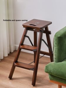 Solid Wood High-Back Folding Bar Stool Two-Purpose Home Use Ladder Three-Step Ladder Chair And Stool for Restaurant And Cafe