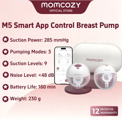 Momcozy M5 Smart APP Controlled Wearable Breast Pump Hands-Free Wireless Electric Pump 3 Modes 9 Suction Levels BPA-Free Portable Lightweight 24mm Flange 1-Pack Quill Gray