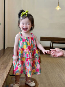 Princess Style Floral Print Halter Dress Summer Outfit for Baby Girls Cotton Polyester Fabric Sleeveless Skirt for Ages 6-36 Months