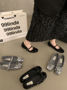 Giày Đế Bằng Mary Janes Kiểu Pháp Giày Đơn Lấp Lánh Bạc Giày Đế Bằng Mùa Thu Giày Đế Bằng Thường Ngày Cho Nữ