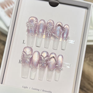 เล็บปลอมทรงตัวทีแบบฝรั่งเศส 10 ชิ้น ประดับกลิตเตอร์ พร้อมเพชรพลอย สีม่วงตาแมว ลายผีเสื้อ 3 มิติ สำหรับตกแต่งเล็บด้วยตัวเอง เหมาะสำหรับงานปาร์ตี้และงานแต่งงาน