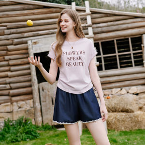 XIANGYING | Áo Thun Cotton In Chữ Màu Tím Cổ Tròn Ngắn
